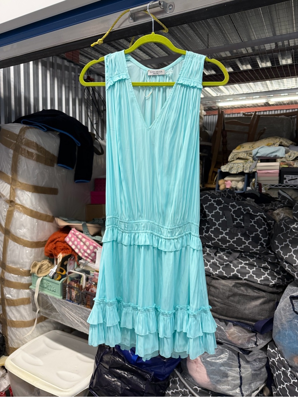 Ramy Brook Sleeveless Aqua Mini Dress with Ruffle Tier